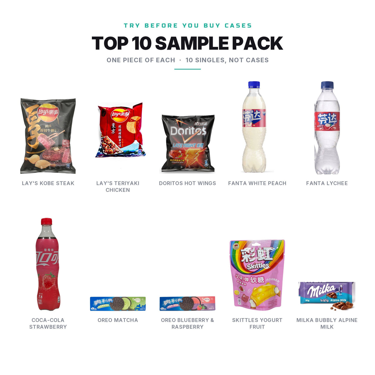 Top 10 Sample Pack — 1 Piece of Each (Singles, Not Cases)